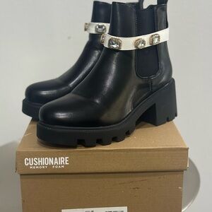 CUSHIONAIRE Black Ankle Boots with White Embellished Strap